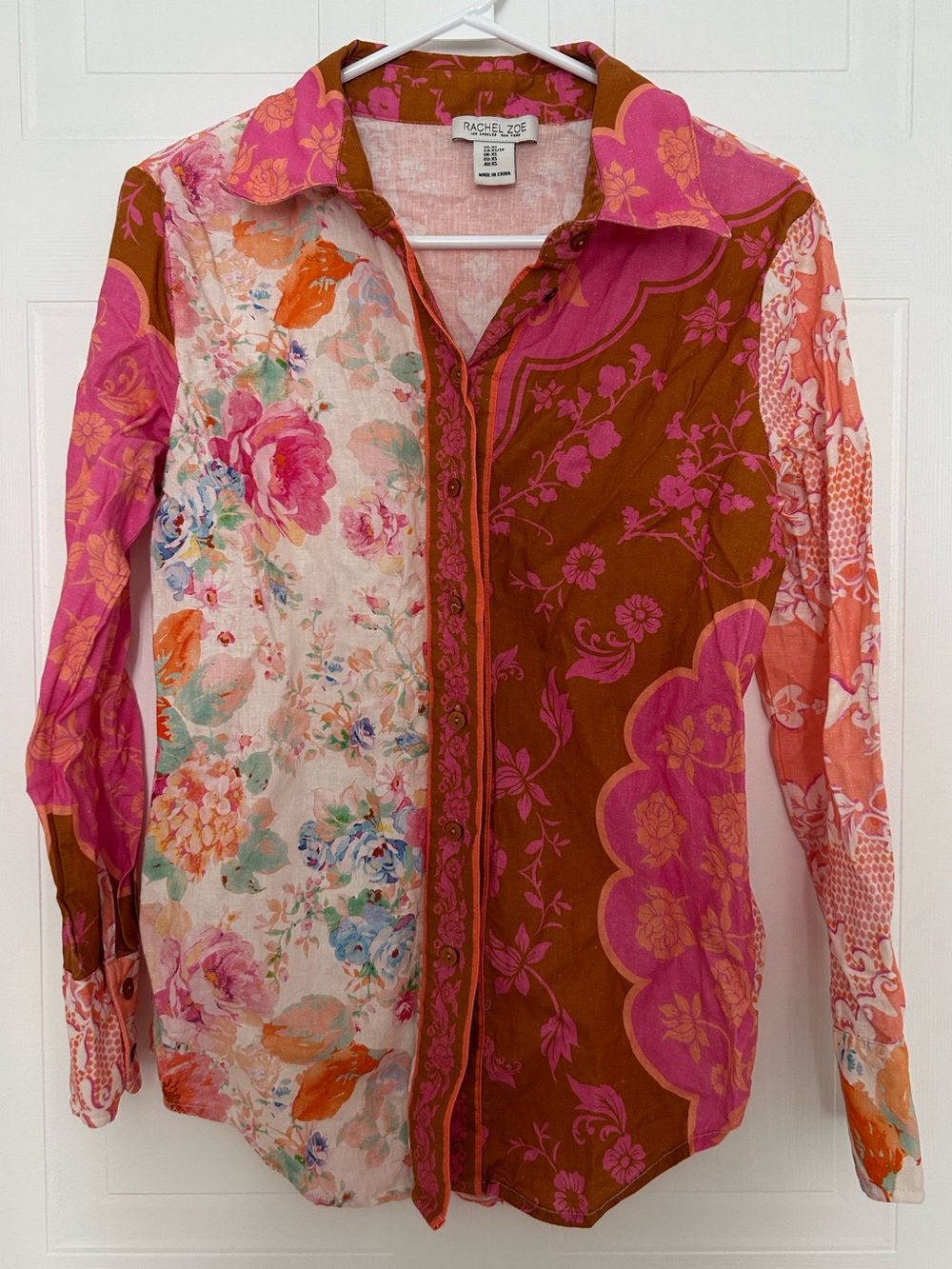 Rachel Zoe Pink & Brown Floral Patchwork Button-Down Blouse Women’s Size XS